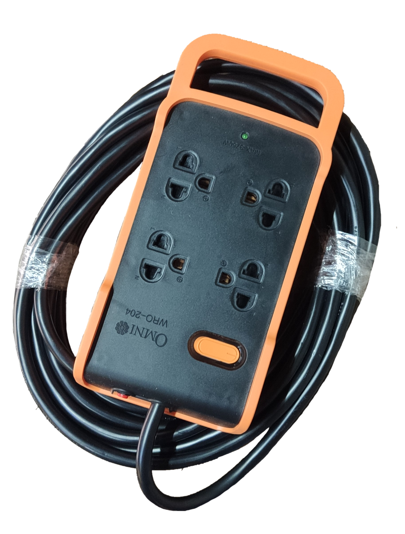 Omni multi outlet power strip heavy duty with four sockets and long black cord in orange frame