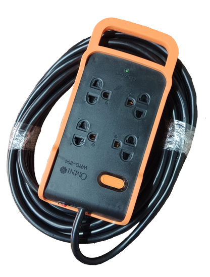 Omni multi outlet power strip heavy duty with four sockets and long black cord in orange frame