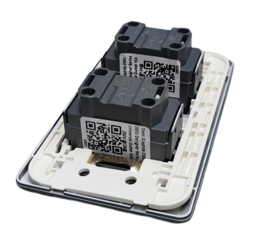 Back view of Omni 2 gang universal outlet dual module assembly with QR code labels and mounting frame