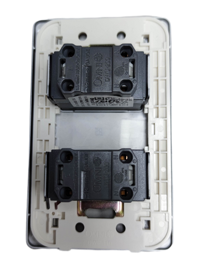 Rear view of Omni 2 gang universal outlet with two black modules and white mounting plate