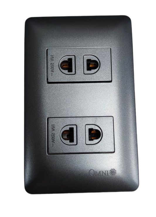 Omni 2 gang universal outlet gray dual stacked wall plate with two universal sockets for home and office
