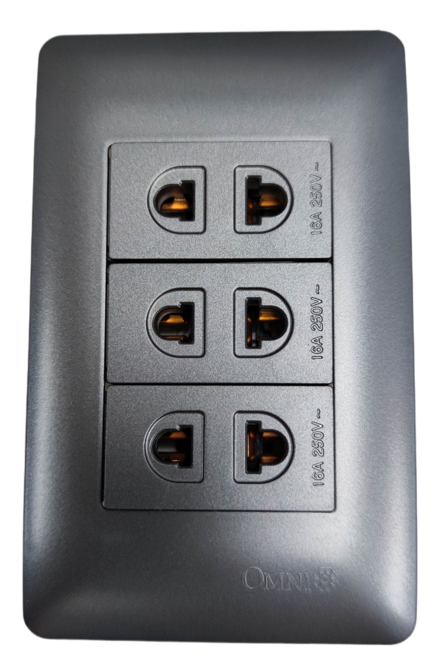 Omni 3 gang universal outlet silver wall plate with three vertically stacked universal sockets and Omni logo