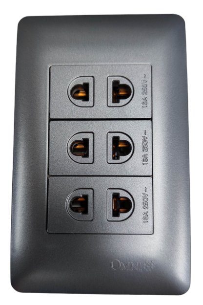 Omni 3 gang universal outlet silver wall plate with three vertically stacked universal sockets and Omni logo