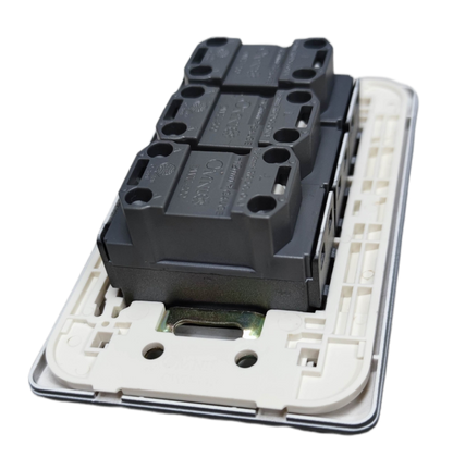 Rear view of Omni 3 gang universal outlet showing white faceplate metal mounting bracket and three black modules