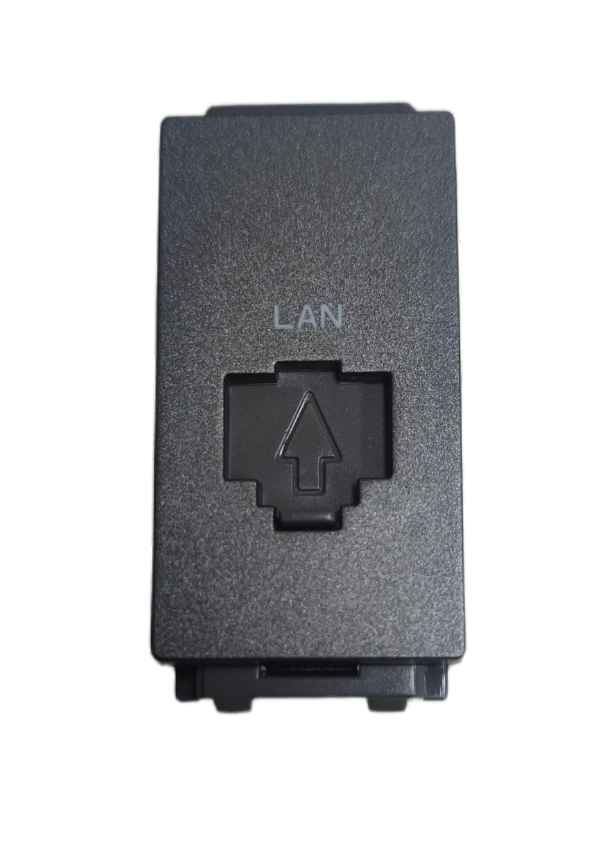 Omni LAN outlet device black modular wall plate insert with labeled LAN port and arrow symbol