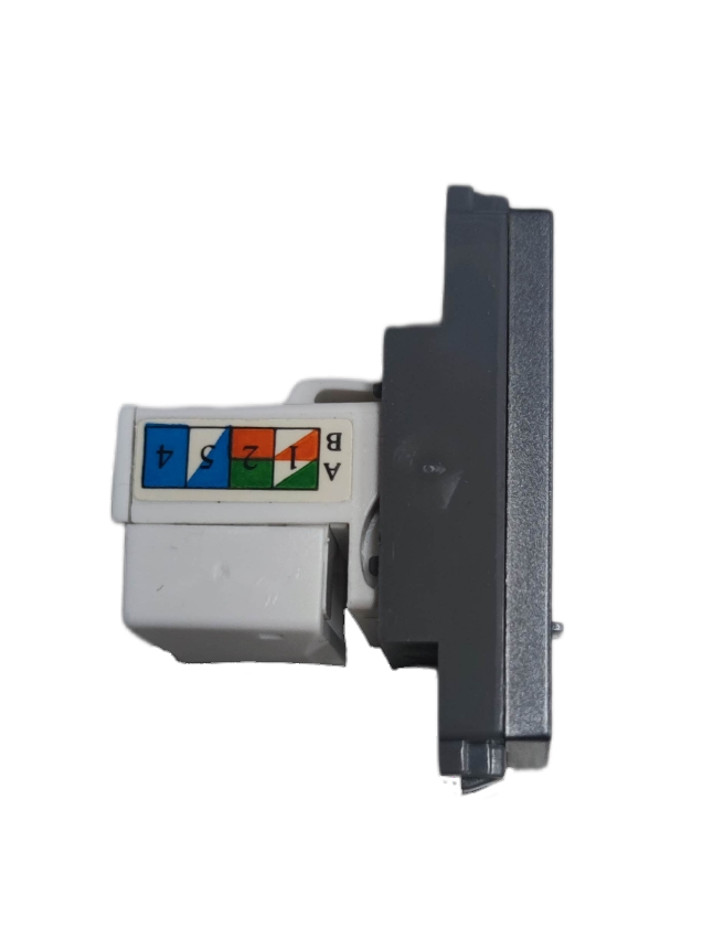 Omni LAN outlet device side view showing RJ45 keystone jack with color coded wiring diagram and silver faceplate
