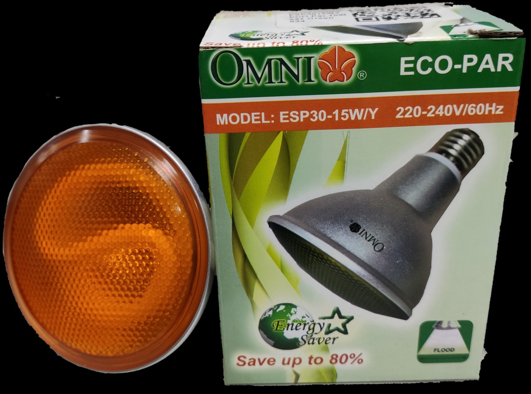 Omni Par 30 15W Yellow CFL E27 220V compact fluorescent bulb and packaging box