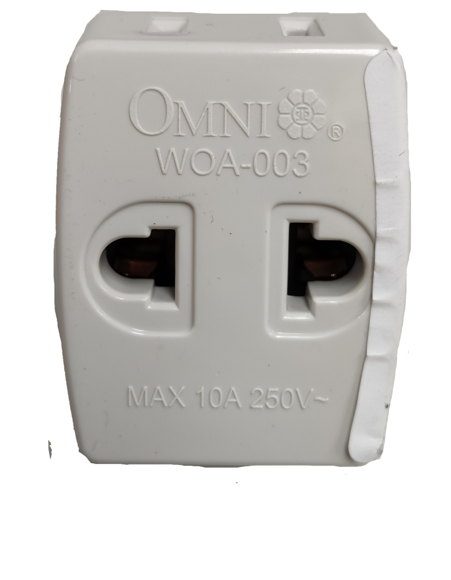 Omni triple tap adapter 10A 250V with two outlets for convenient power access