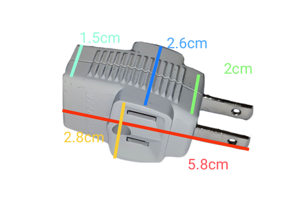 Omni triple top adaptor 10A 250V shown with measurements for size reference and design details