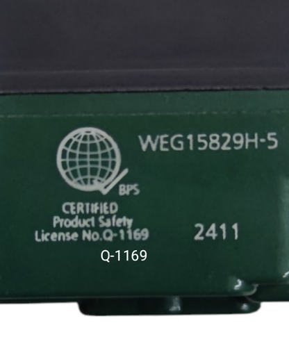 Panasonic certified universal duplex outlet 220v with product safety license Q-1169 label close-up