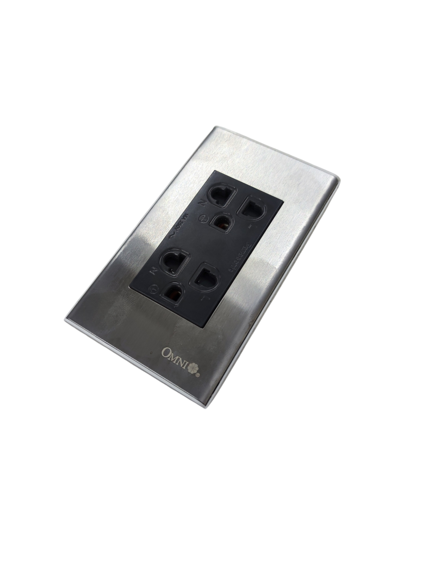 Omni branded universal duplex outlet 220v with stainless steel faceplate for power points and switches
