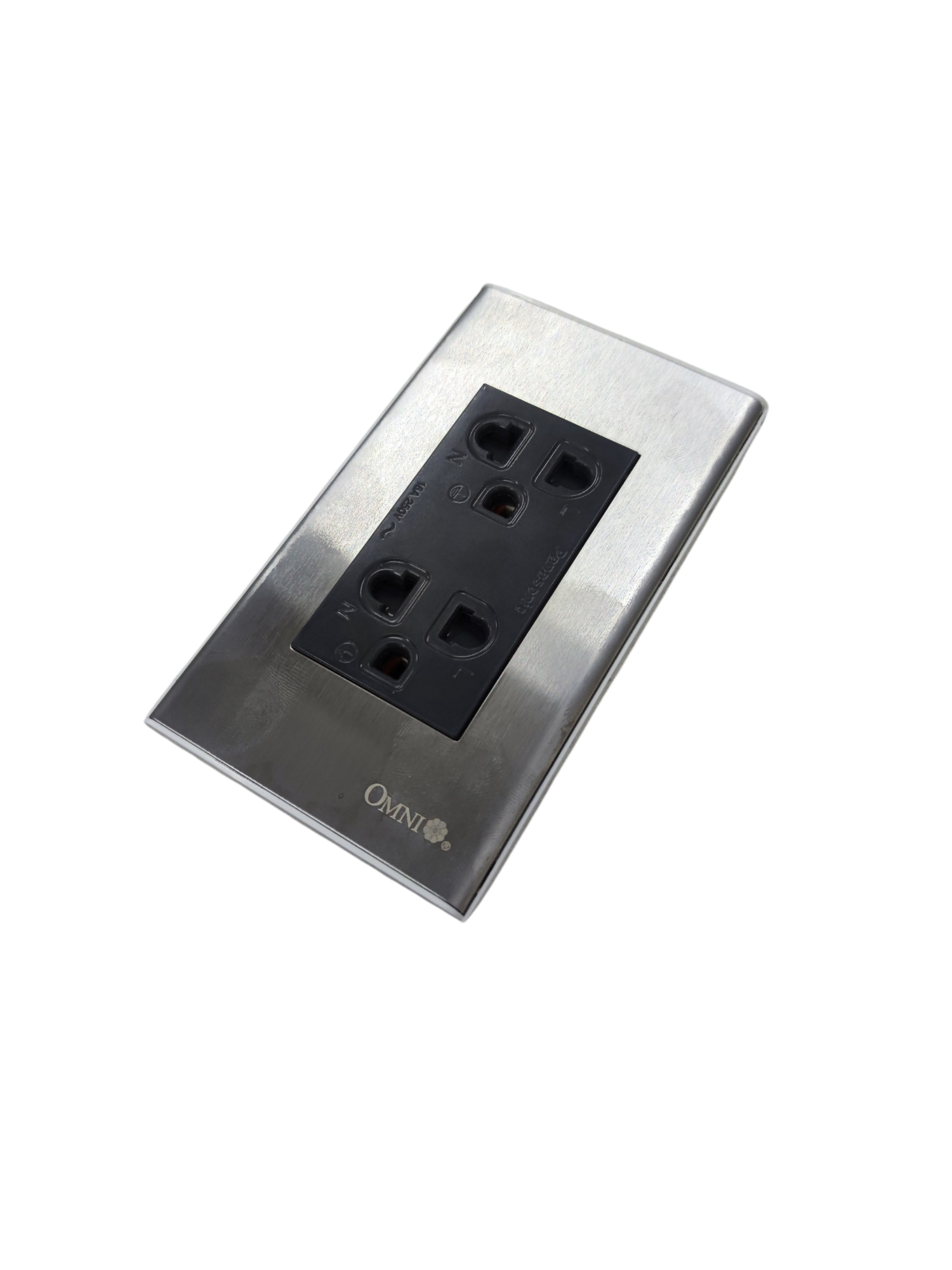 Omni branded universal duplex outlet 220v with stainless steel faceplate for power points and switches