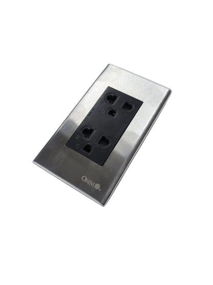 Omni branded universal duplex outlet 220v with stainless steel faceplate for power points and switches