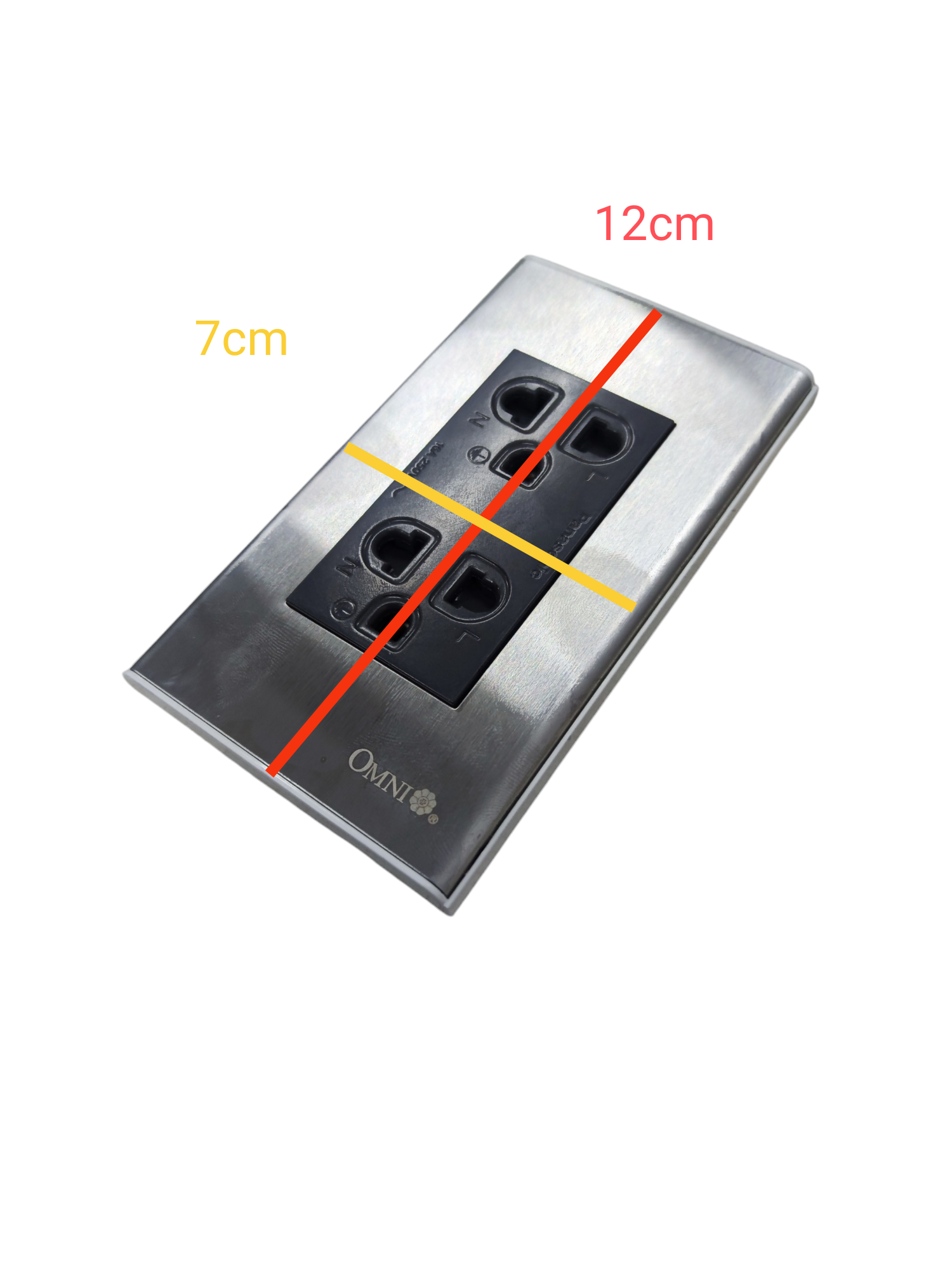 Omni universal duplex outlet 220v with stainless steel faceplate measuring 12 by 7 centimeters
