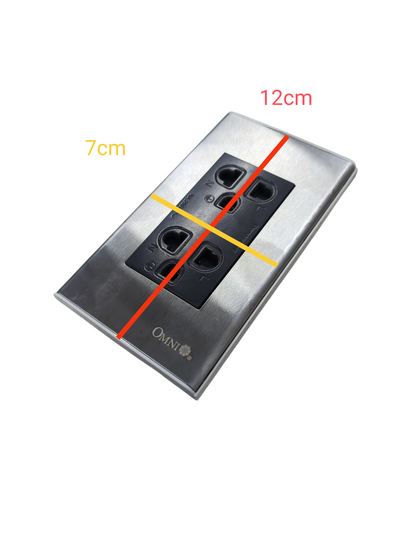 Omni universal duplex outlet 220v with stainless steel faceplate measuring 12 by 7 centimeters