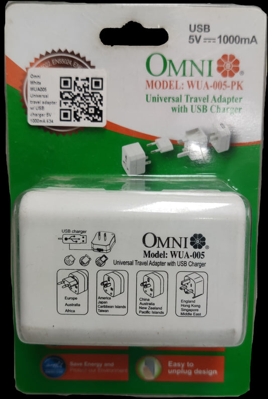 Omni universal travel adapter with USB charger for worldwide use and convenient connectivity