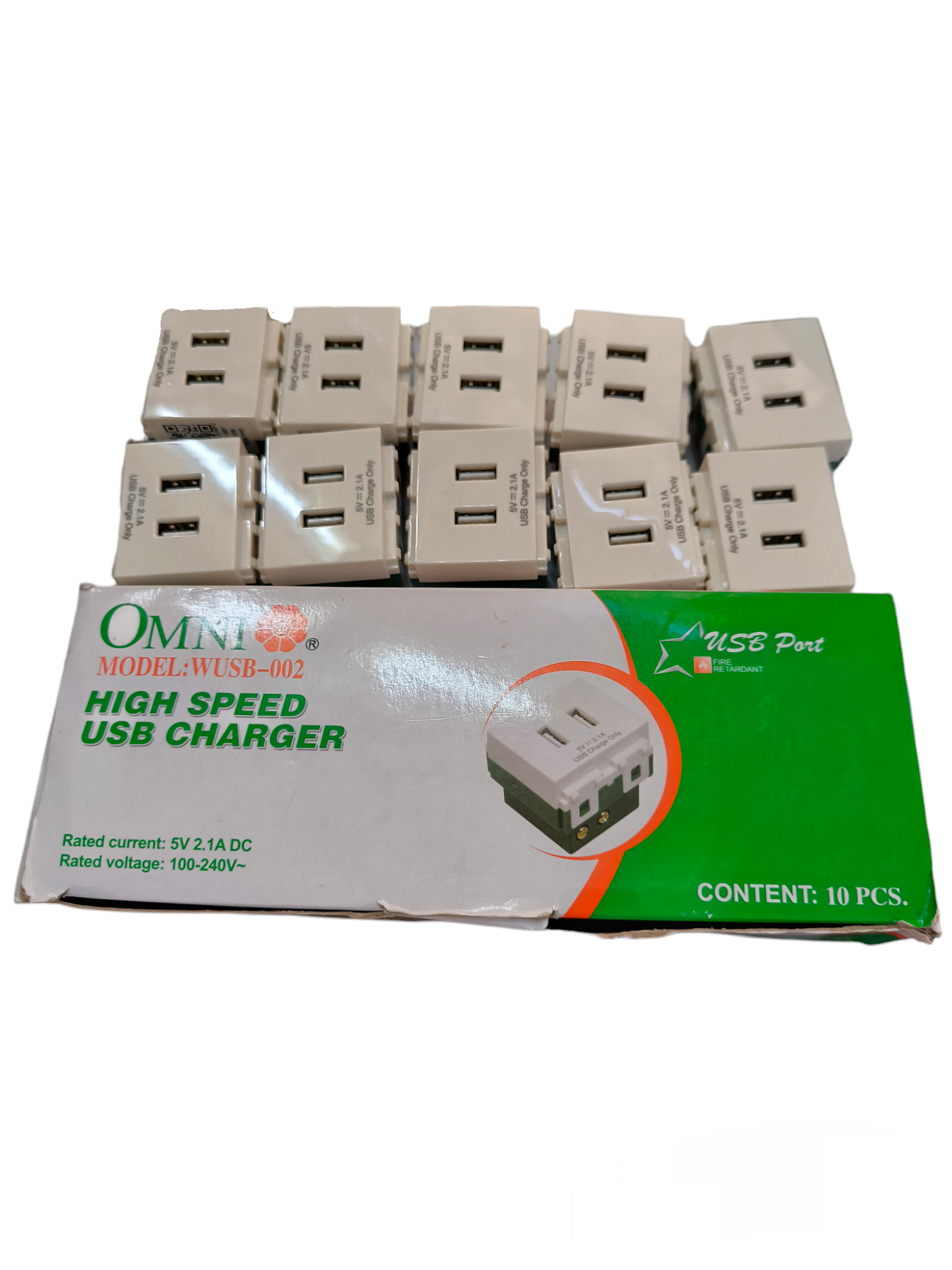 Omni USB Outlet 2 Gang 2.1A 5V WUSB-002 high speed USB charger pack of 10 white plugs