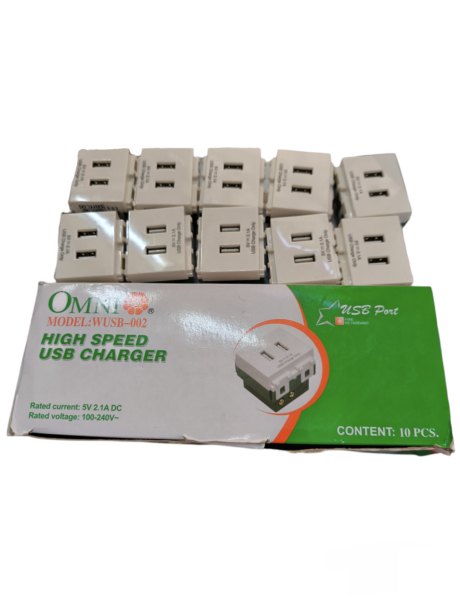 Omni USB Outlet 2 Gang 2.1A 5V WUSB-002 high speed USB charger pack of 10 white plugs