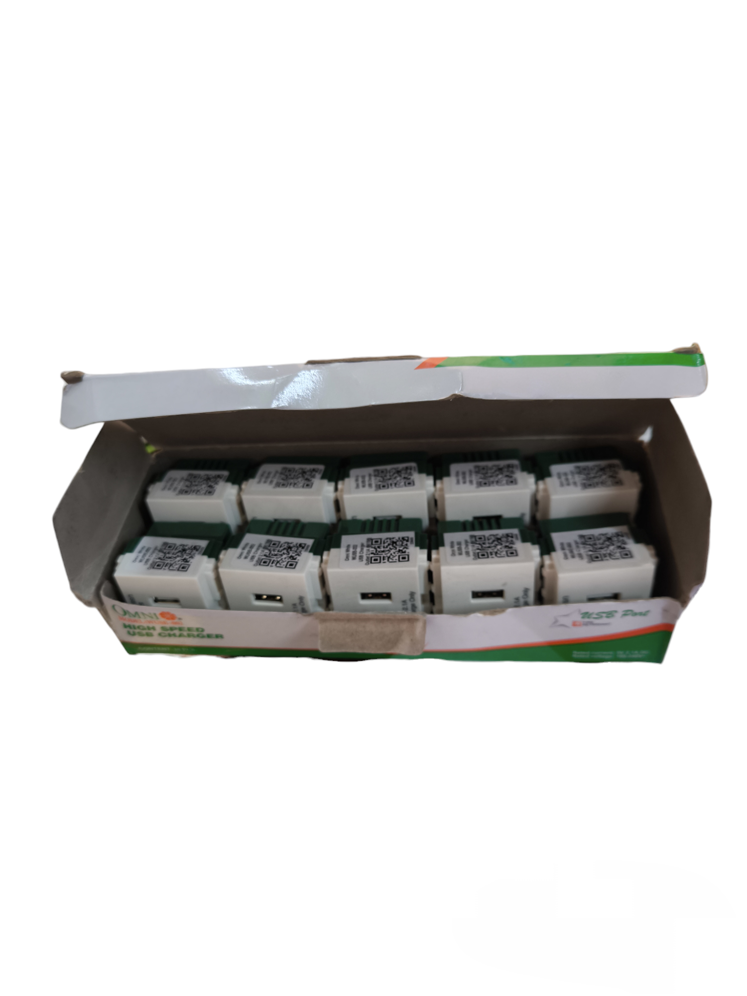 Box of Omni USB Outlet 2 Gang 2.1A 5V WUSB-002 power points switches and plugs in white