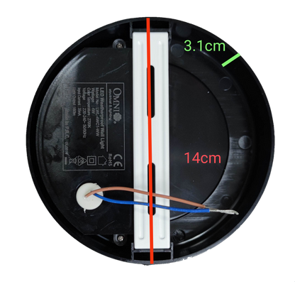 Omni warm white outdoor LED wall lamp 220V with a round black base and wiring details