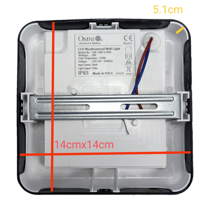 Omni weatherproof outdoor LED wall light Square 2700K with measured dimensions for easy installation