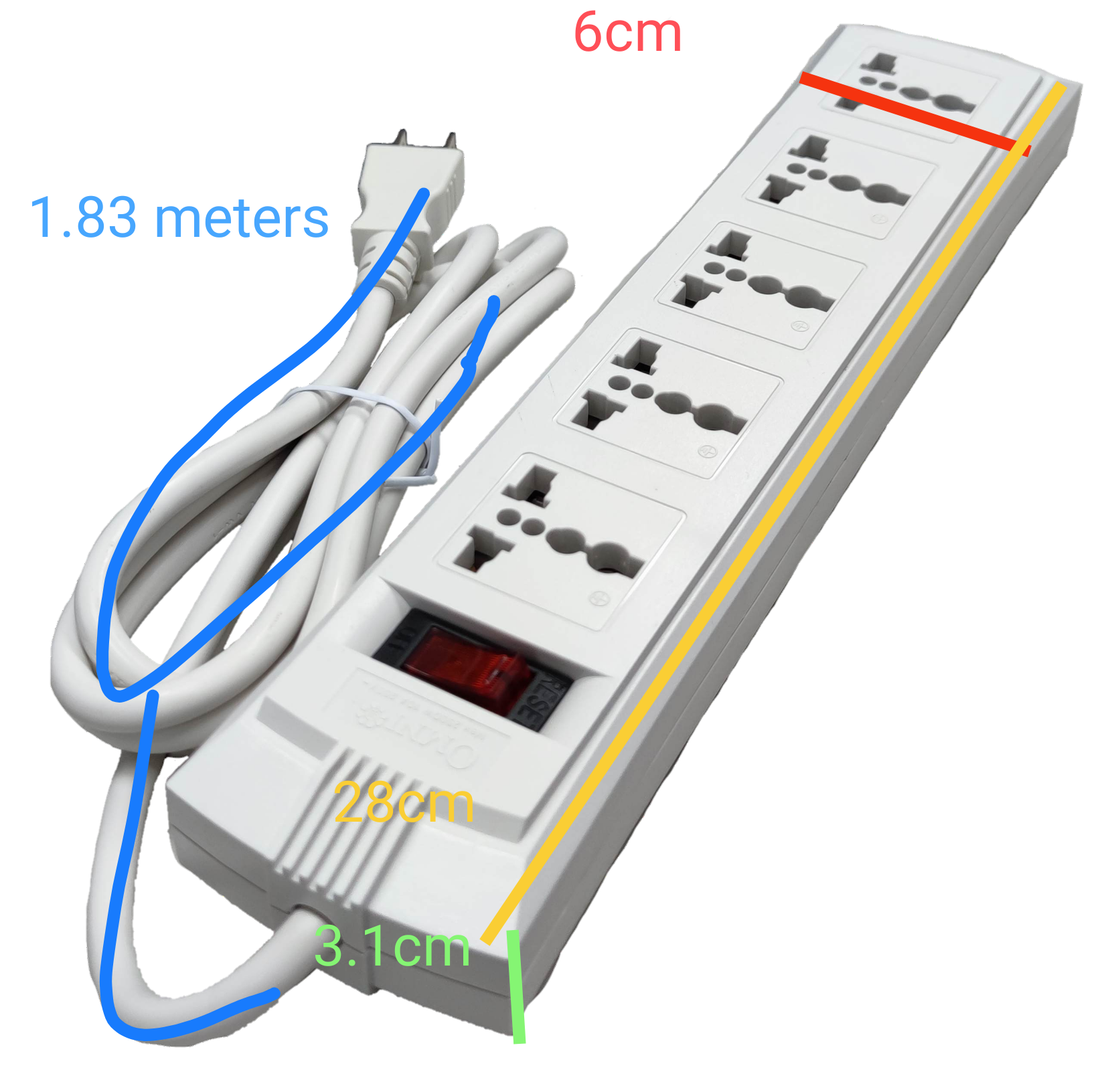 Omni WEU-105-PK power strip with five universal outlets and 1.83 meter white cord