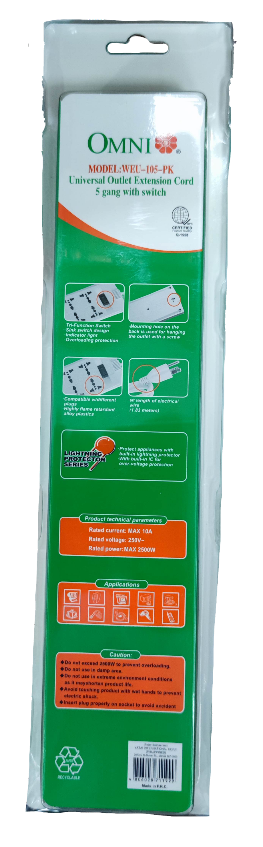 Omni WEU-105-PK power strip universal outlet extension cord with 5 gang switch in retail packaging