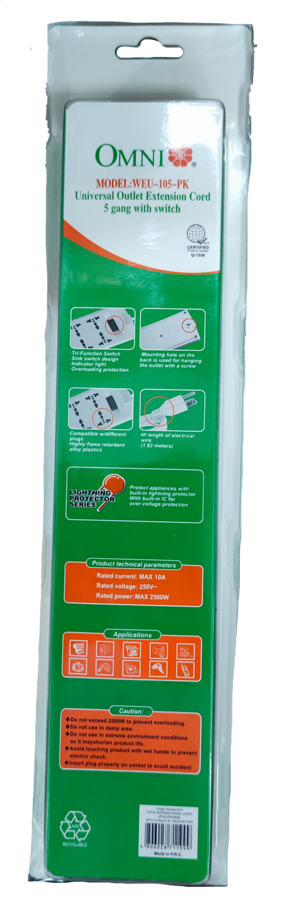Omni WEU-105-PK power strip universal outlet extension cord with 5 gang switch in retail packaging