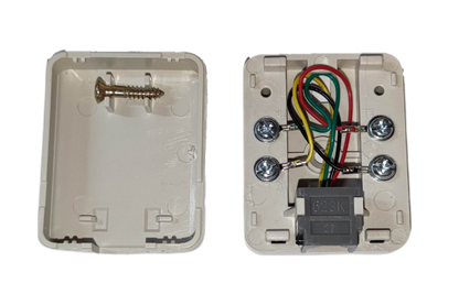 Omni WST-005 telephone outlet with wires and mounting hardware in an open box for easy installation