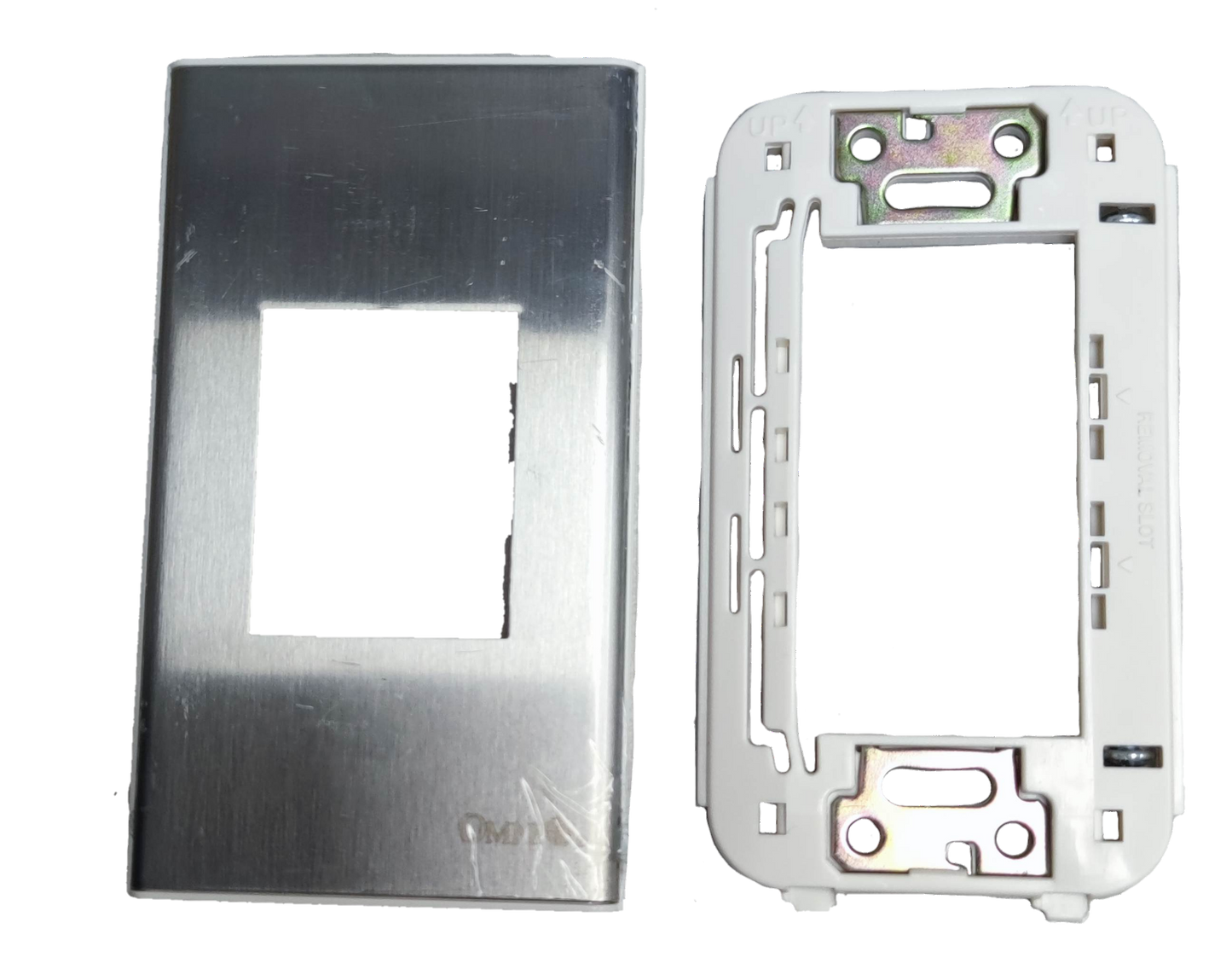 Omni WWP-111S device cover metal faceplate and white plastic mounting frame for power points and switches