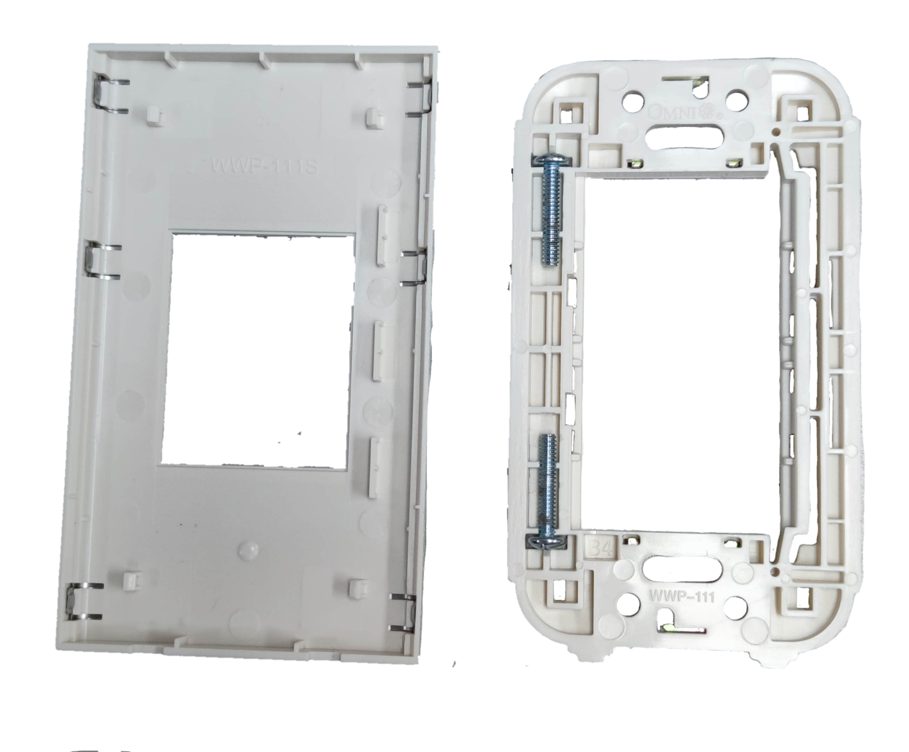 White Omni WWP-111S device cover for power points and switches showing front and back sides