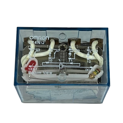 Omron LY4N-J 220V AC relay with clear casing showing internal circuitry and terminal connections