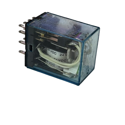 Omron MY4N-J Relay 24V DC 14 Pins electrical component with transparent casing and visible internal wiring