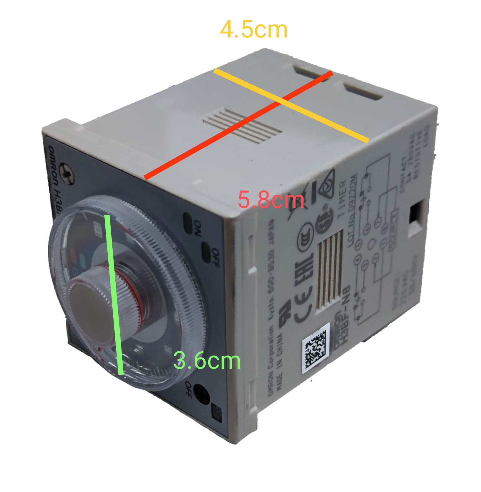 Omron Timer Relay 1.2 Seconds to 300 Hours with adjustable dial and compact rectangular design