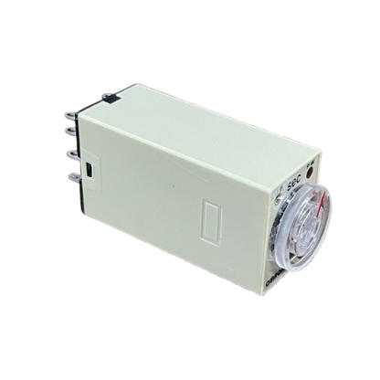 OMRON Timer Relay 30 seconds 8 pins 110V beige rectangular time delay relay with front sec dial and eight pin terminals