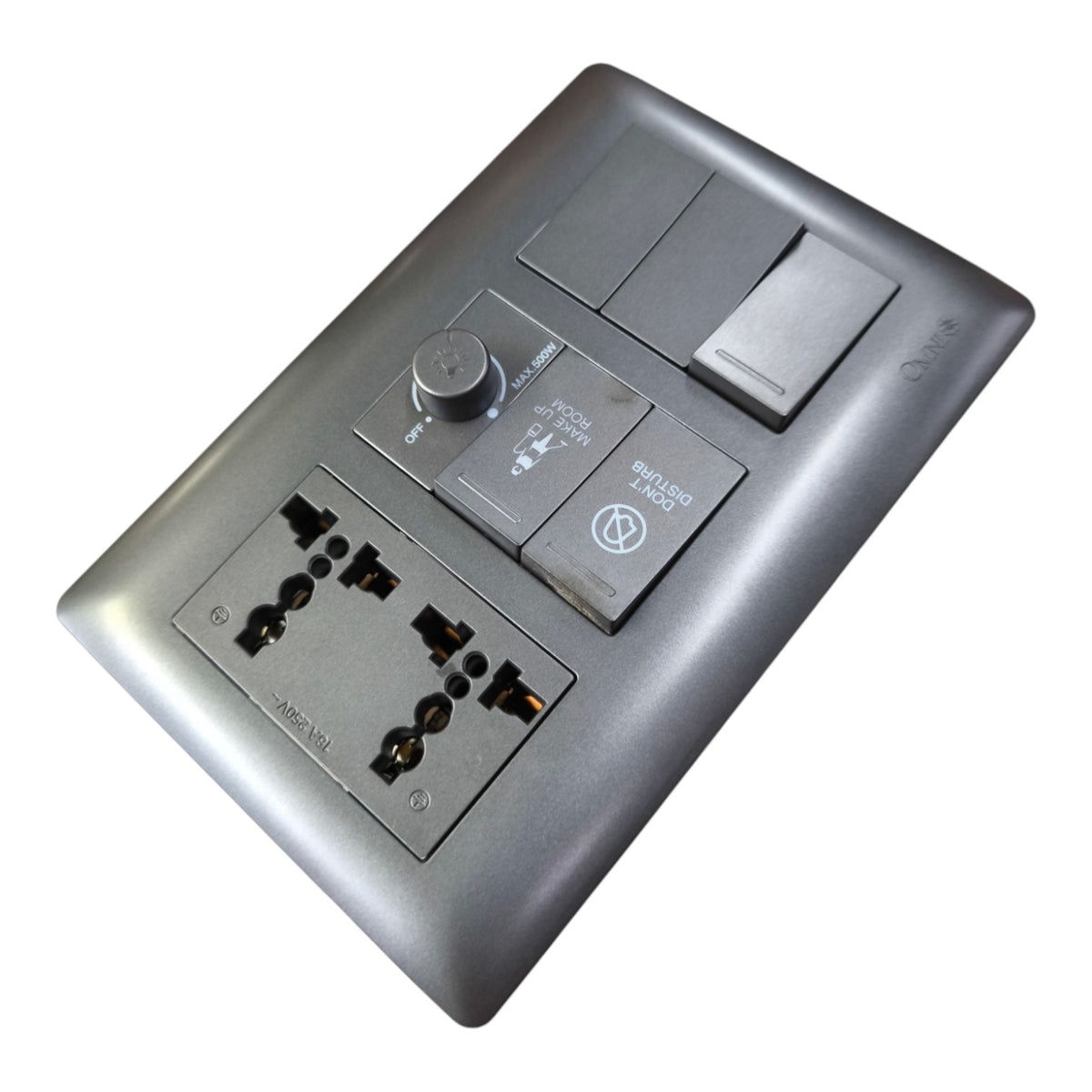 Omni Duplex Universal Outlet With Make up Room, Do not Disturb 2pcs 3 Way and 1 Way Switch and 500W Dimmer Switch 16A 250V Designer Series Hotel or Luxury Design Switches and Outlets Graphite