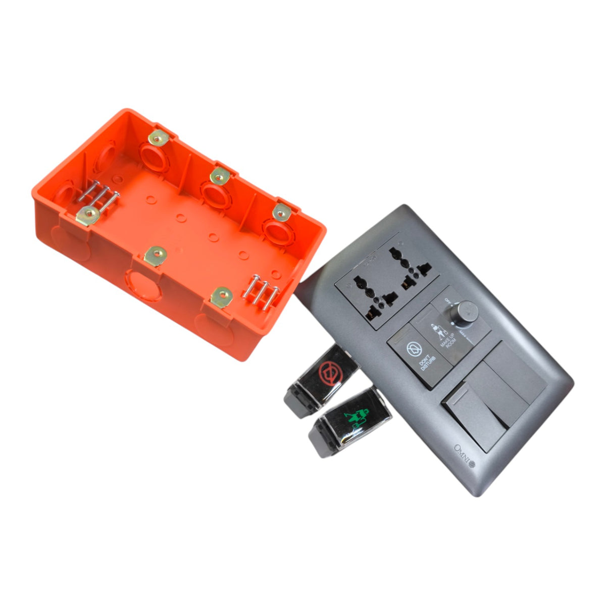 Omni Duplex Universal Outlet With Make up Room, Do not Disturb 2pcs 3 Way and 1 Way Switch and 500W Dimmer Switch 16A 250V Designer Series Hotel or Luxury Design Switches and Outlets Graphite