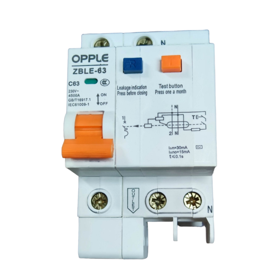 Opple 63A 4.5 KAIC 30mA 220V electrical circuit breaker with test button and leakage indication
