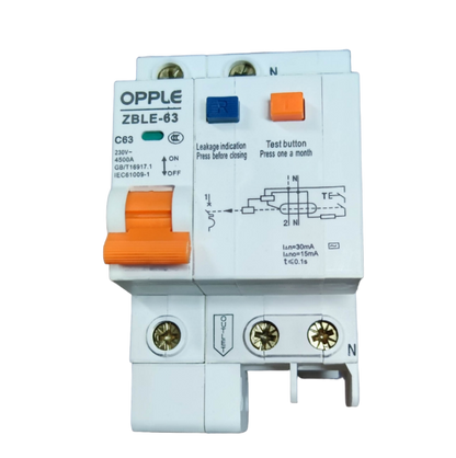 Opple 63A 4.5 KAIC 30mA 220V electrical circuit breaker with test button and leakage indication