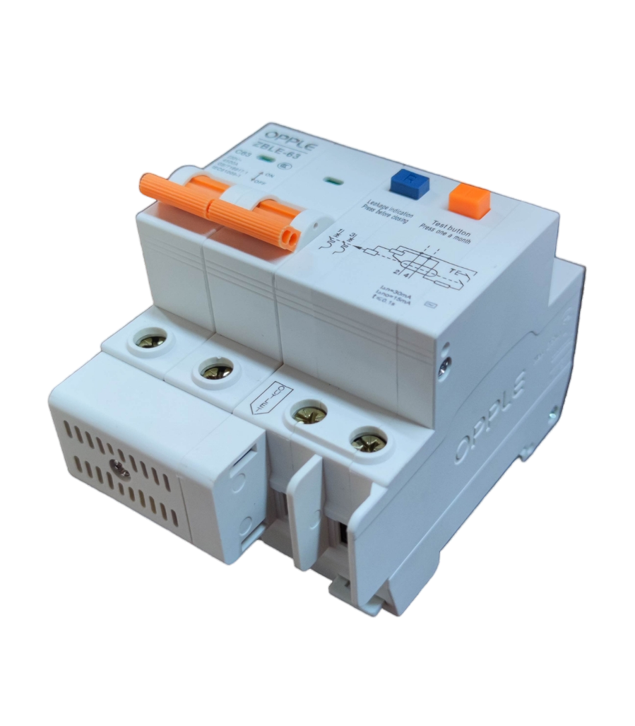 Opple 63A 4.5 KAIC 30mA RCBO electrical circuit breaker with orange toggle switch and wiring diagram