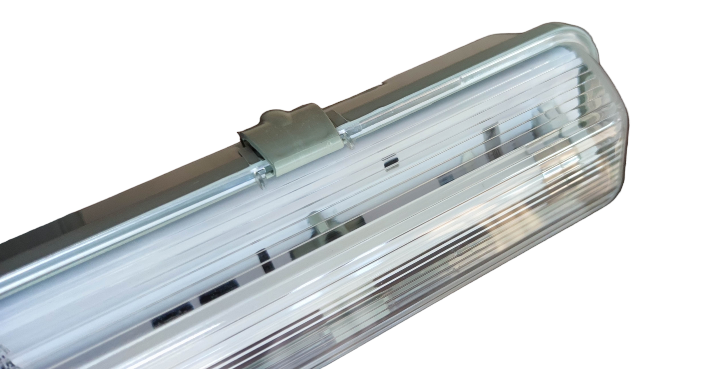 Close-up of OPPLE Ecolum 9 watt LED fixture with clear ribbed cover and metal mounting clip