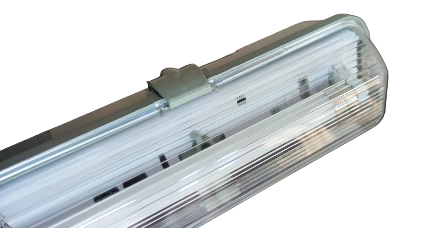 Close-up of OPPLE Ecolum 9 watt LED fixture with clear ribbed cover and metal mounting clip