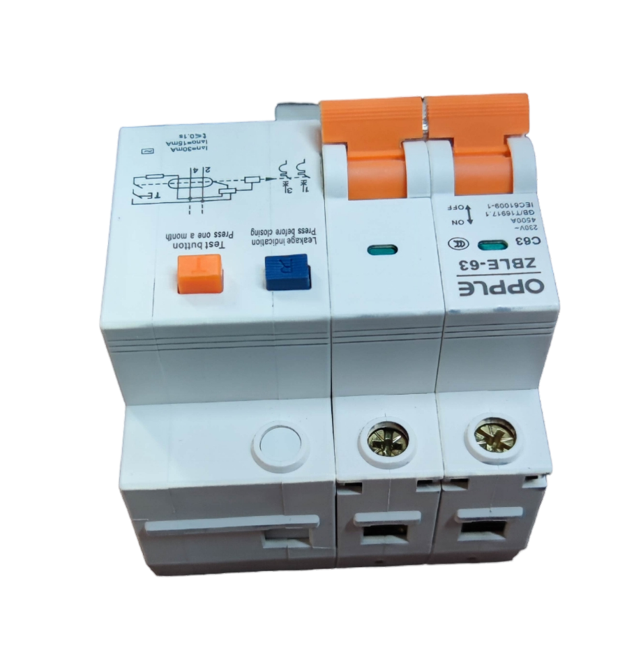 Opple Residual Current Breaker with Over-Current featuring dual orange switches and white casing