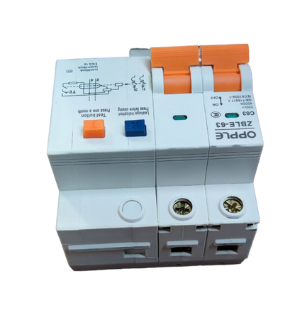 Opple Residual Current Breaker with Over-Current featuring dual orange switches and white casing