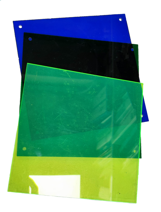 Optical Filter Green 18.5cm x 18.5cm with overlapping blue and black filters by Electx Electrical Supply