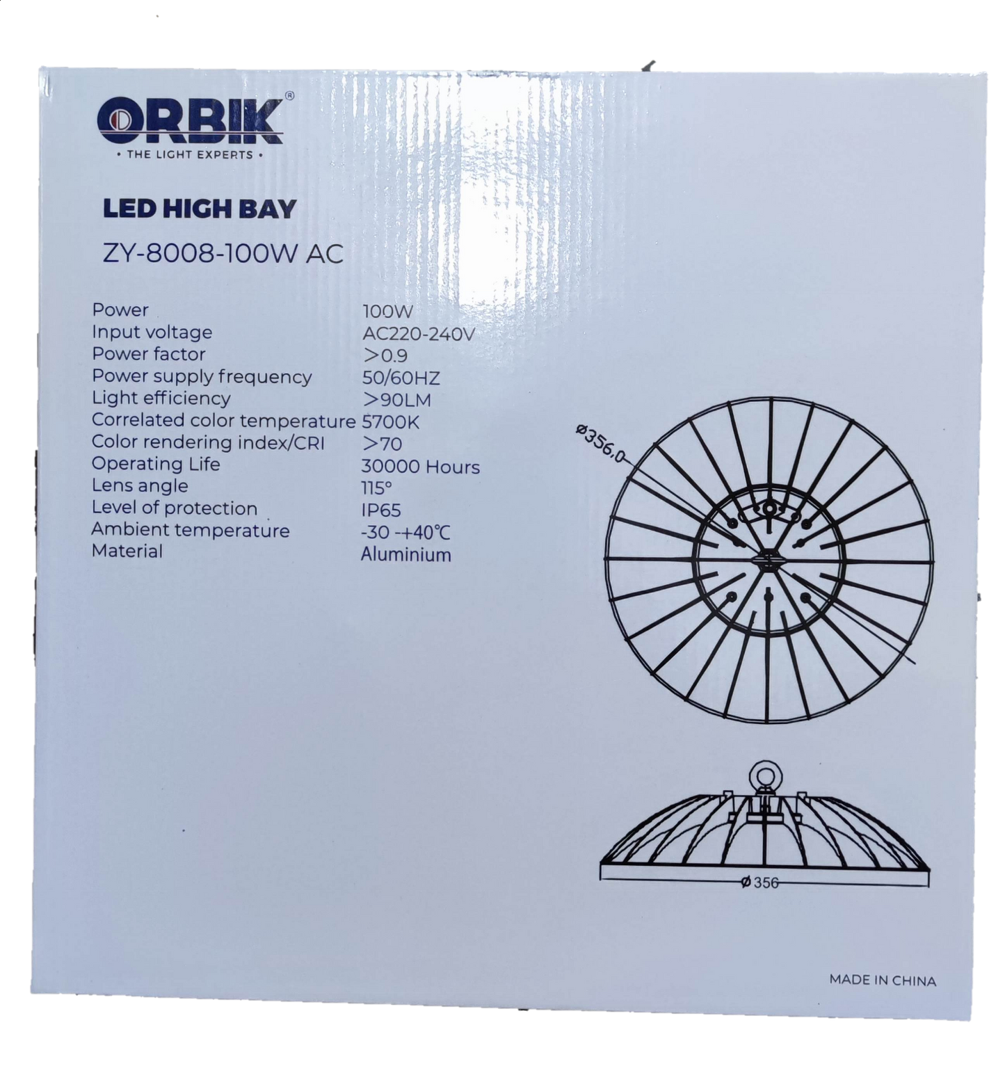 Orbik 100W LED High Bay 5700K Daylight light bulb with aluminum body and technical specifications on box