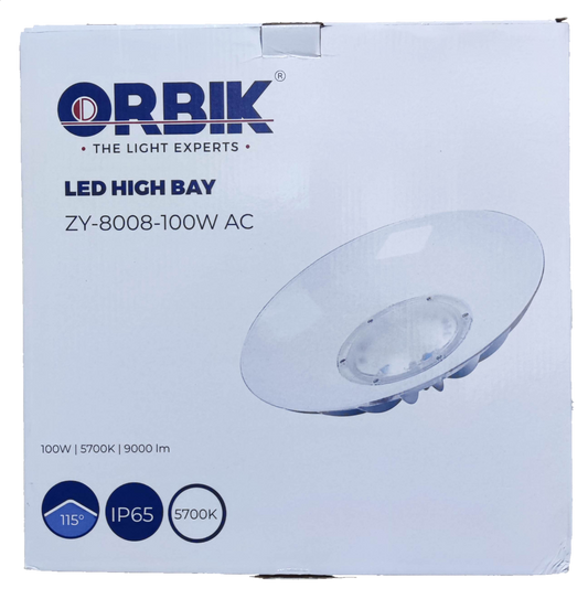 Orbik 100W LED High Bay 5700K Daylight LED bulb with 115 degree beam angle and IP65 rating