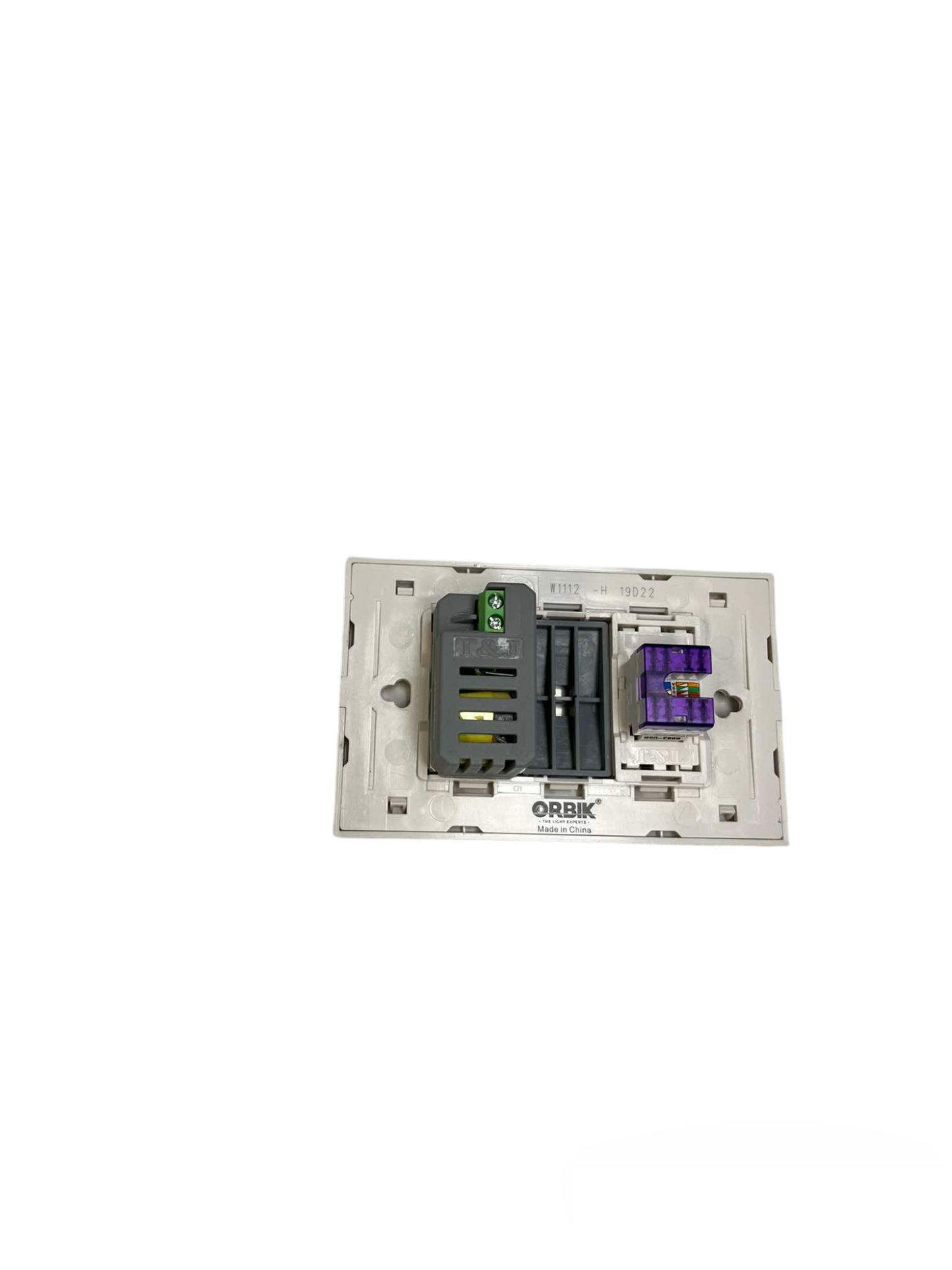 T and J 2 gang LAN outlet with USB charger rear view showing modular connectors wiring terminals and mounting plate