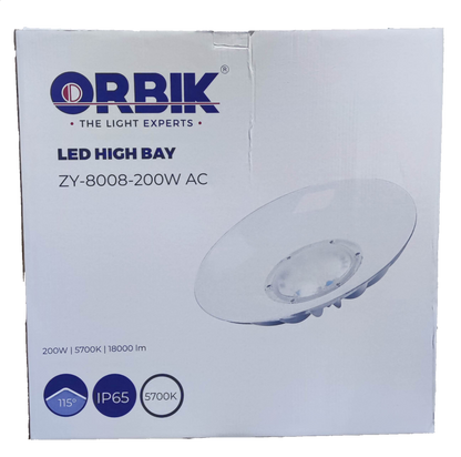 Orbik LED high bay light box featuring 200W LED high bay light 5700K Daylight 220V with IP65 rating