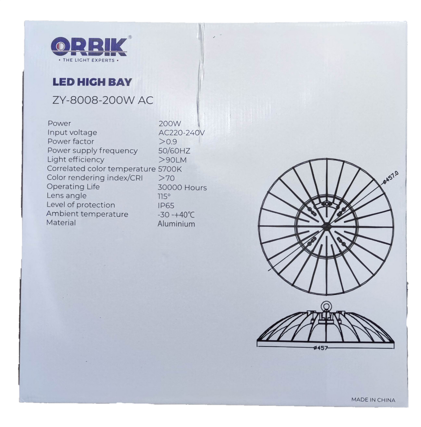 Orbik 200W LED high bay light 5700K Daylight 220V with specifications for industrial use